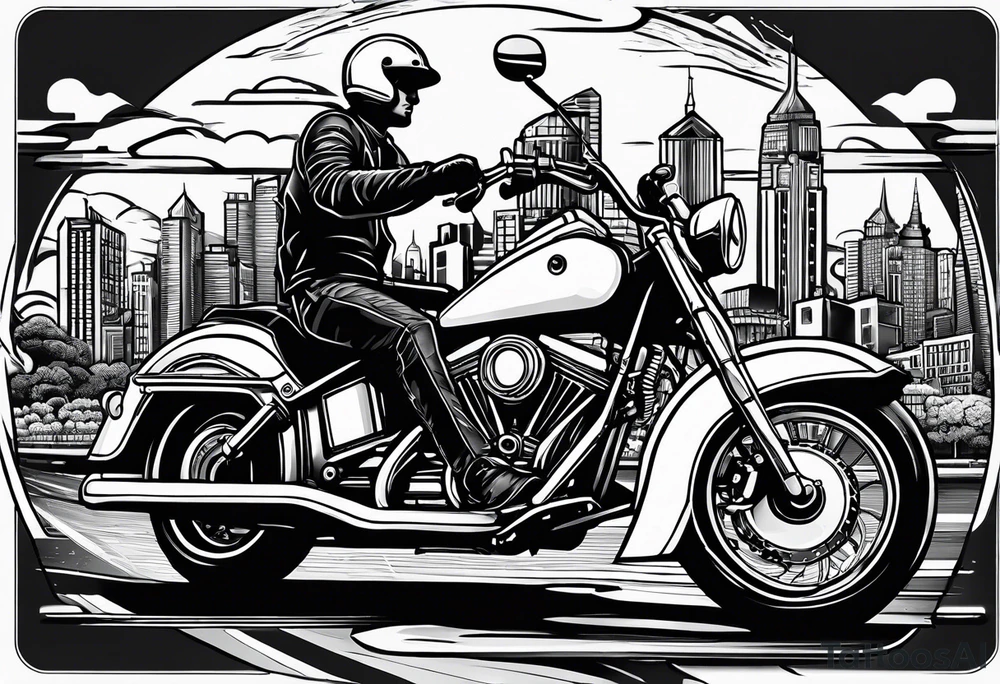 playing cards over a city with a motorcycle on the road tattoo idea