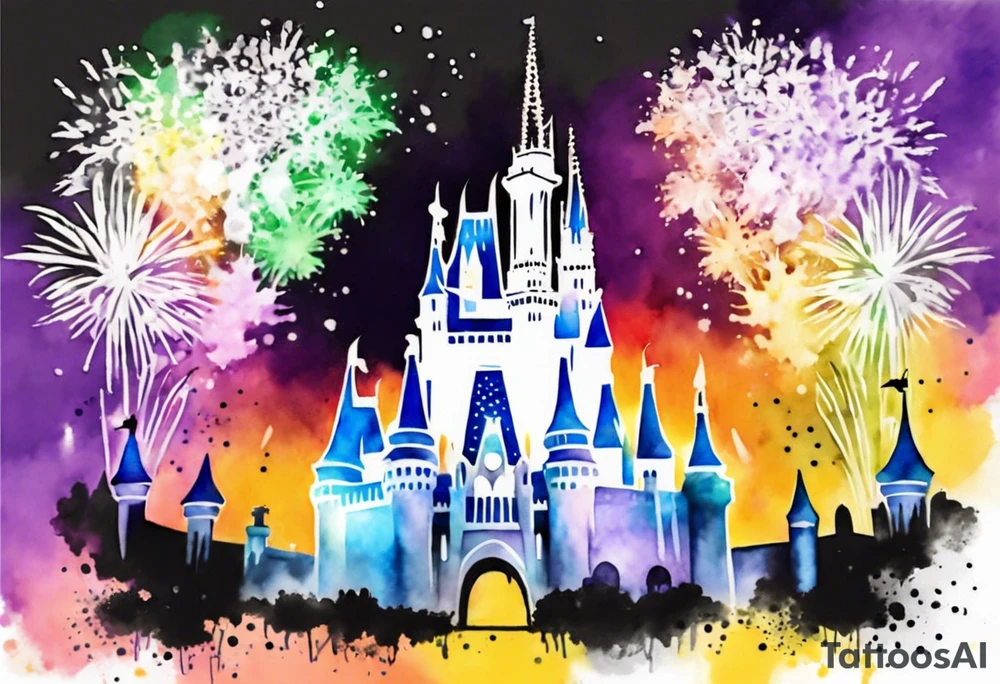 Disney park icon in black and white with watercolor fireworks behind. Watercolor should be green, yellow, and purple. tattoo idea