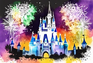 Disney park icon in black and white with watercolor fireworks behind. Watercolor should be green, yellow, and purple. tattoo idea