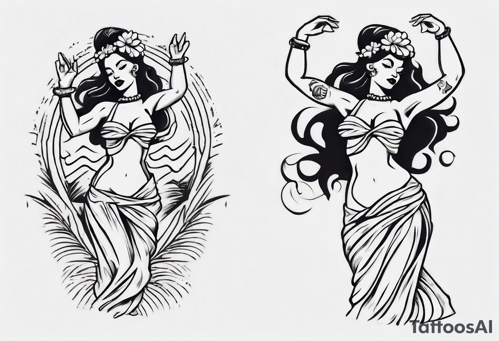 Old School Tattoo Style, Hula Girl dancing, full body, white background --no skin tattoo idea