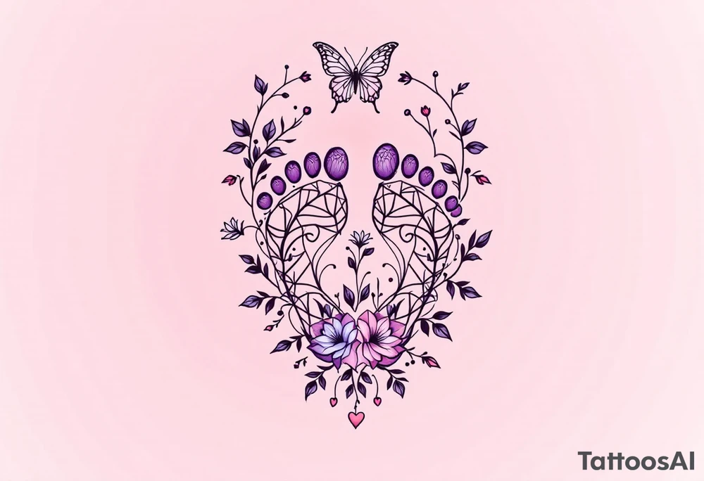 Pink and lilac footprints of Barbora, surrounded by a butterfly and heart, marking her transition into a graceful life. tattoo idea