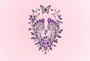 Pink and lilac footprints of Barbora, surrounded by a butterfly and heart, marking her transition into a graceful life. tattoo idea