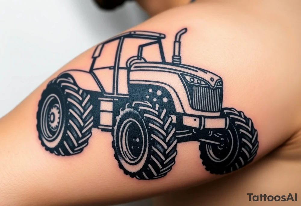 A black and chrome tractor silhouette, with bold shading and a strong, industrial aesthetic. tattoo idea