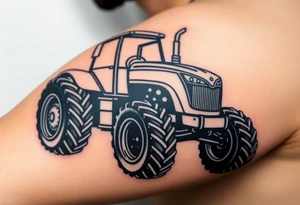 A black and chrome tractor silhouette, with bold shading and a strong, industrial aesthetic. tattoo idea