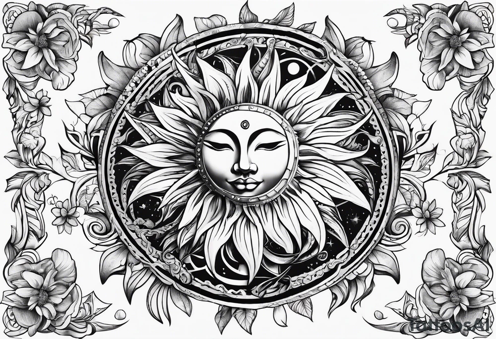 sun moon floral no shading or shadowing tattoo idea