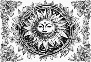 sun moon floral no shading or shadowing tattoo idea