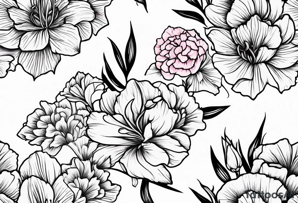 Larkspur flowers and carnation flowers in all color tattoo idea