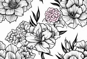 Larkspur flowers and carnation flowers in all color tattoo idea