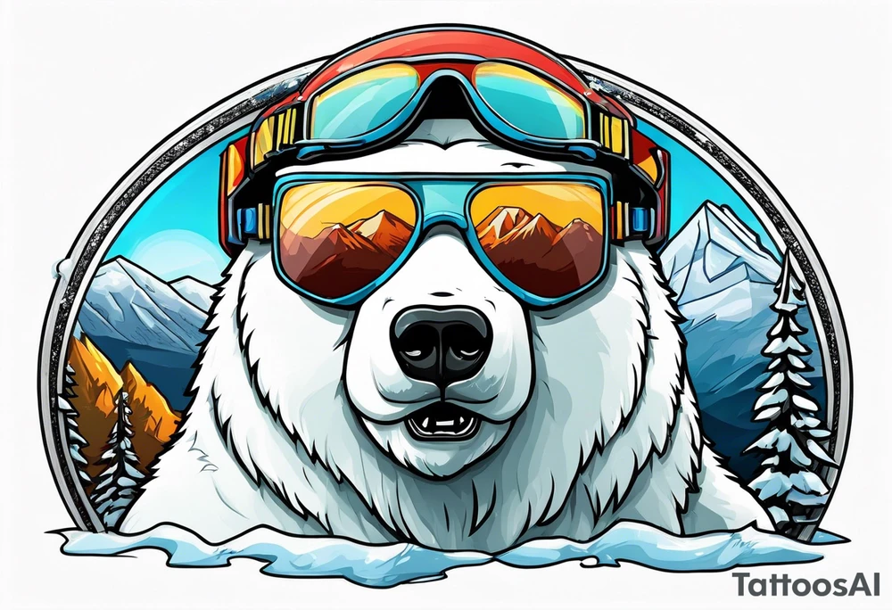 Polar bear wearing ski goggles standing in front of a mountain inside a snow globe tattoo idea