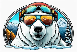 Polar bear wearing ski goggles standing in front of a mountain inside a snow globe tattoo idea