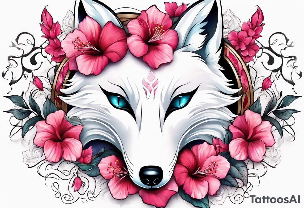 White fox mask with red accents and pink hibiscus flowers tattoo idea