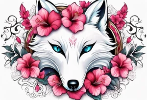 White fox mask with red accents and pink hibiscus flowers tattoo idea