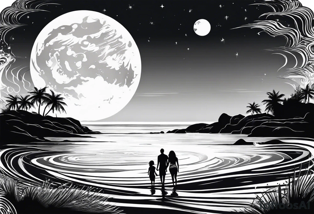 Silouhette of two people on beach water with moon tattoo idea