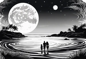 Silouhette of two people on beach water with moon tattoo idea