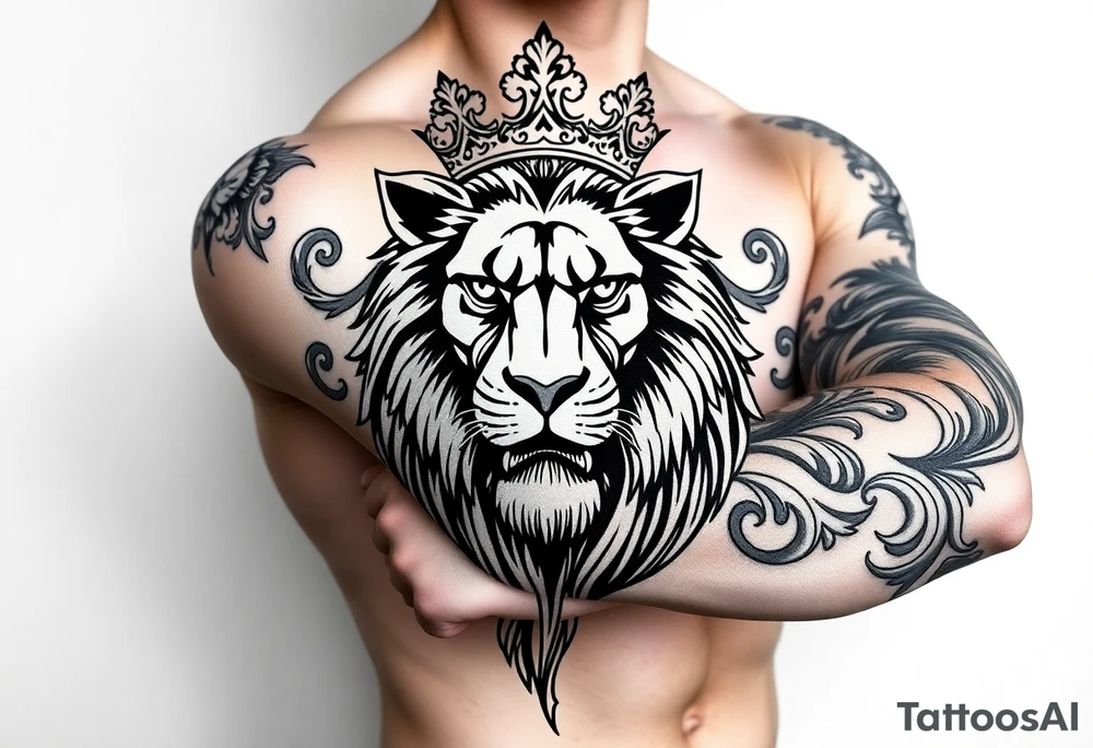 majestic lion wearing ornate crown, surrounded by baroque flourishes tattoo idea