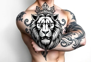 majestic lion wearing ornate crown, surrounded by baroque flourishes tattoo idea