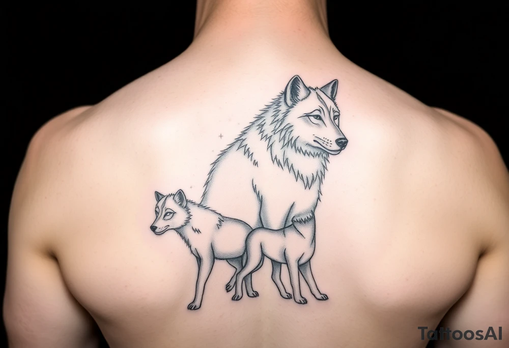 A solitary yet sublime and noble wolf and its progeny. tattoo idea