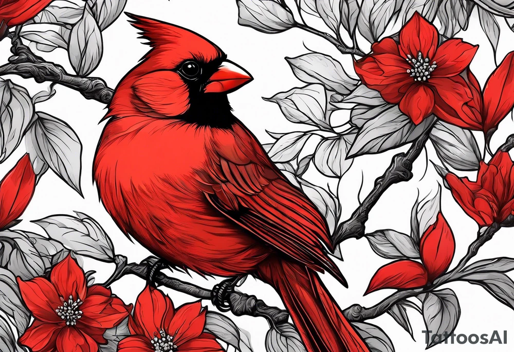 Trees, flowers, red cardinal, representing growth from grief tattoo idea
