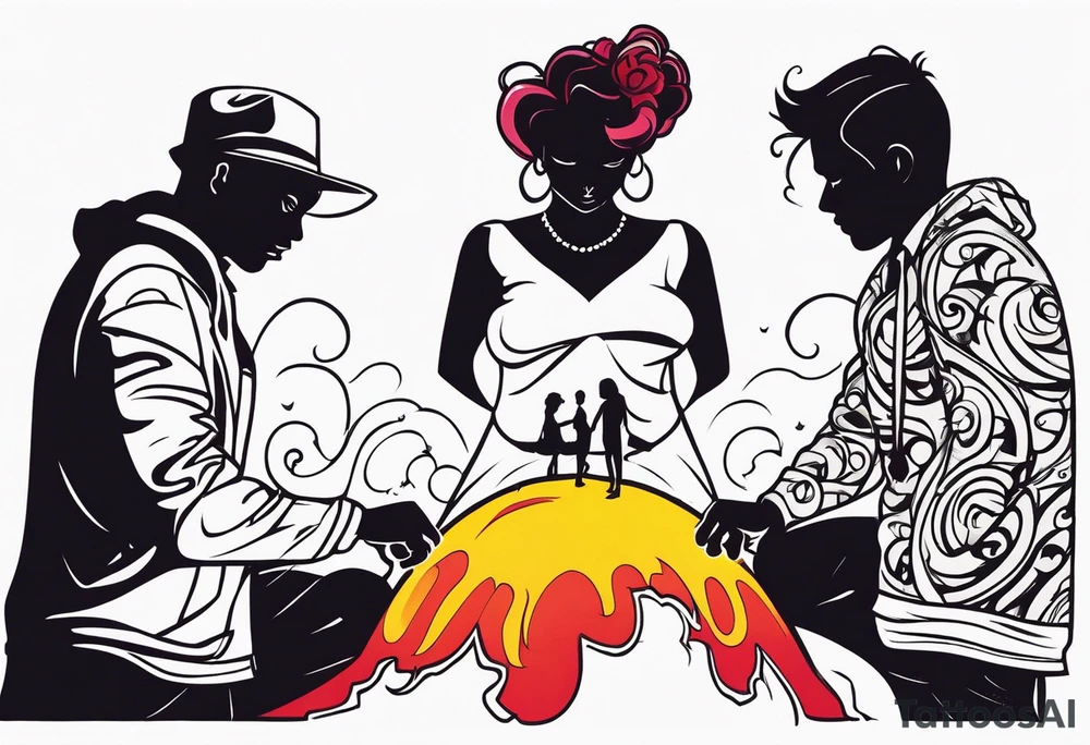 2 black shadows of people standing over 2 dead siloets tattoo idea