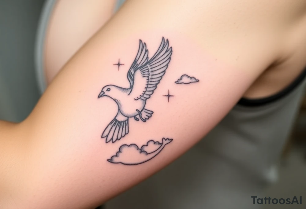 Dove and a blue jay, clouds, shining light to or from heaven tattoo idea