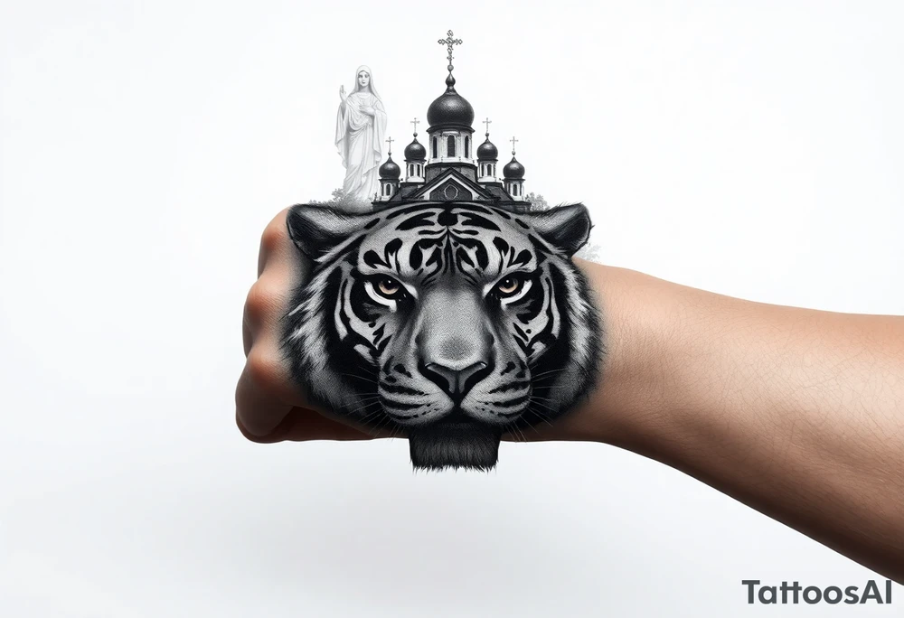 in a dorsal view of the hand and forearm a tiger face on the hand with black hollowed eyes, then above this a orthodox church shrouded with a mist and fading into a virgin mary overlooking tattoo idea