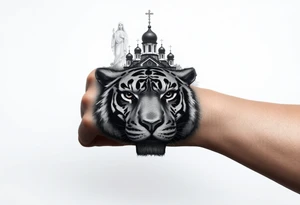 in a dorsal view of the hand and forearm a tiger face on the hand with black hollowed eyes, then above this a orthodox church shrouded with a mist and fading into a virgin mary overlooking tattoo idea