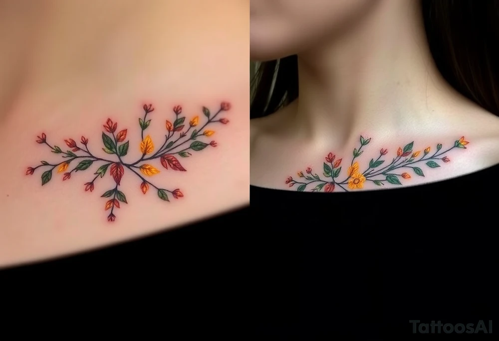 Two separate collarbone tattoos of long, stems and branches covered with red, orange, yellow and dark forest green leaves and flowers, academia, witchy, muted, delicate and gentle but moody, long and thin, following the collarbone. More muted, not so bright, darker colors. Fewer amount of leaves, larger leaves. Less flowers and leaves. tattoo idea