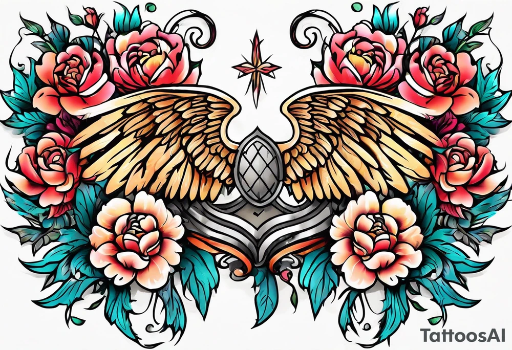 beautiful angel wings with colorful, peonies. beautiful flilligree in the background , full color, traditional old school , white background tattoo idea