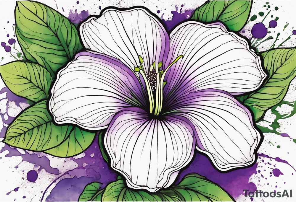 An outline of a rio dipladenia flower with green/purple pedals and a green/purple watercolor splash in the background tattoo idea