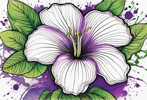 An outline of a rio dipladenia flower with green/purple pedals and a green/purple watercolor splash in the background tattoo idea