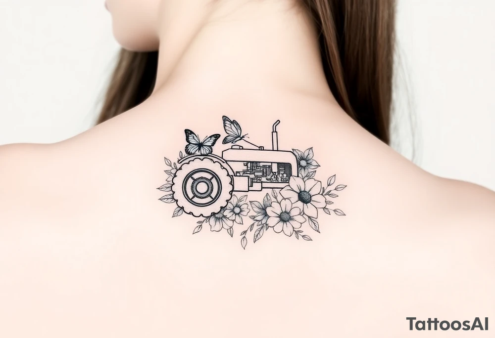 A tractor surrounded by flowers and butterfly tattoo idea