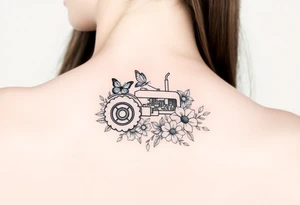 A tractor surrounded by flowers and butterfly tattoo idea