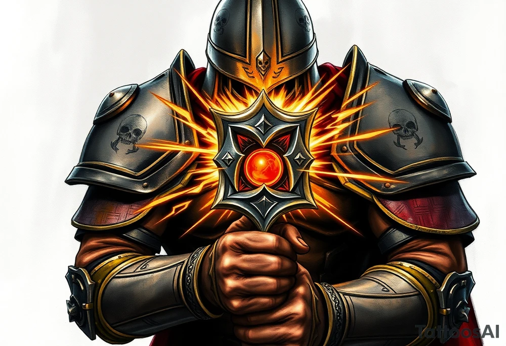 Warhammer, the Old World. A warrior priest of Sigmar holding The Warhammer of Sigmar. The Warhammer of Sigmar is radiating thunderous energy. The Warhammer is held by the warrior priest with both hands at the shaft with a firm grip, upon his chest level. The Warrior priest is wearing dark alloyed heavy armour (reference armor from warhammer vermintide 2 Victor Saltzpyres, the warrior priest of Sigmar class) with skull sigils on his shoulder pads. The warrior priest is wearing a helmet, while the helmets front visor has an humanoid metal face covering. The helmet and armour are gladened with hints of gold and crimson red. The Warhammer is silverish and golden with a long shaft with twisted carvings. tattoo idea