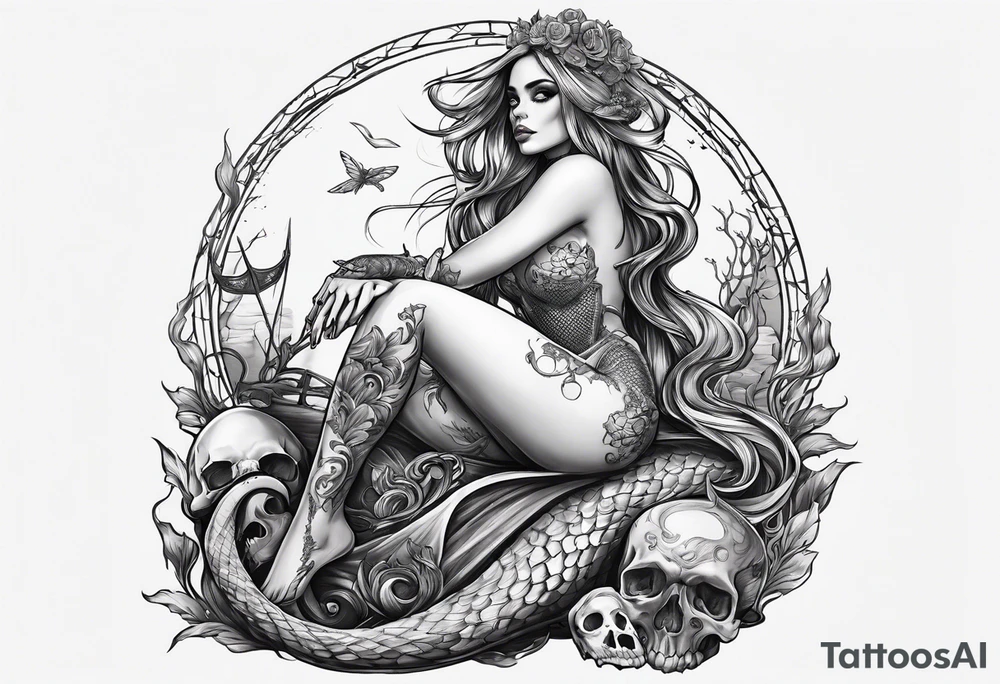 Skeleton mermaid sitting on tock tattoo idea