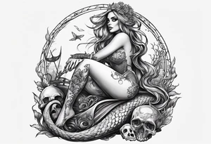 Skeleton mermaid sitting on tock tattoo idea