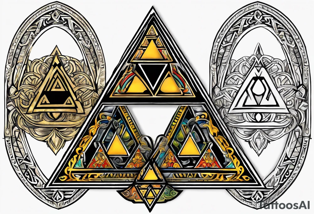 Triforce from the Zelda series with the word courage strength and wisdom tattoo idea