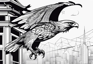 Hawk taking off from collapsing house tattoo idea