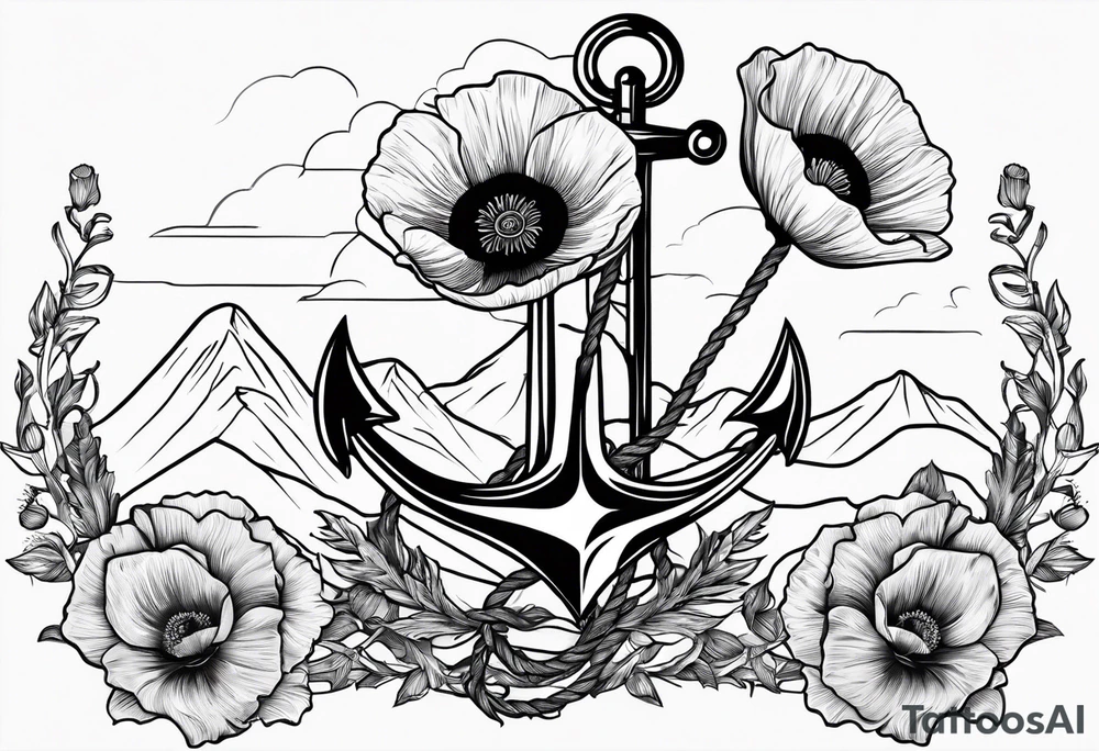 small anchor with two poppy flowers intertwined and mountains behind it tattoo idea