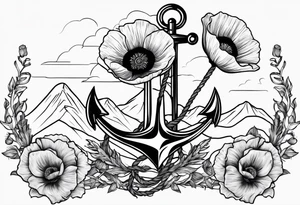 small anchor with two poppy flowers intertwined and mountains behind it tattoo idea