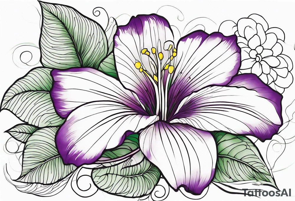 An outline of a rio dipladenia flower with a green and purple watercolor background tattoo idea