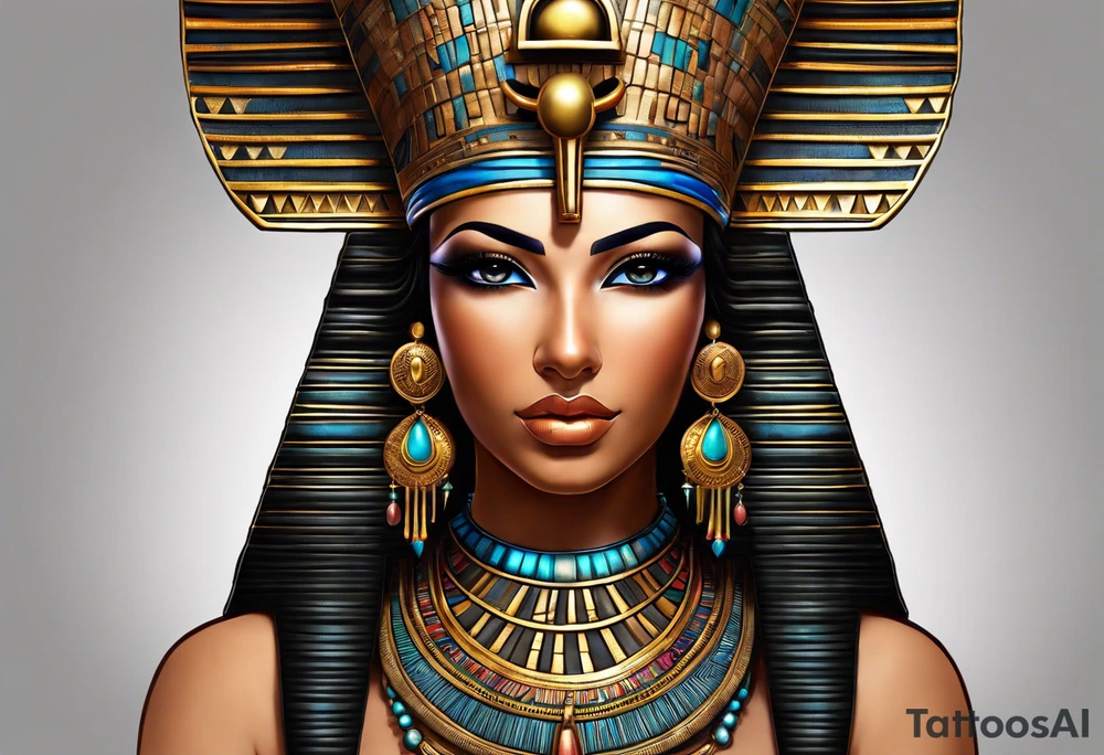 Egyptian figure girl. The figure should be full, featuring a regal headdress and detailed facial markings reminiscent of ancient Egyptian art. Include mystical and symbolic elements such as the Eye of Horus and ankh, blending subtly with geometric background patterns. 
Hyperrealism tattoo idea