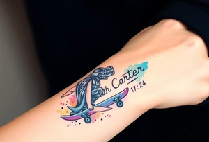 Darth Vader skateboarding with gun> bullets > memorial > god > colors > futuristic/space/starwars
add name "Darth Carter" on skateboard
add date 12/29/88-01/06/24 tattoo idea