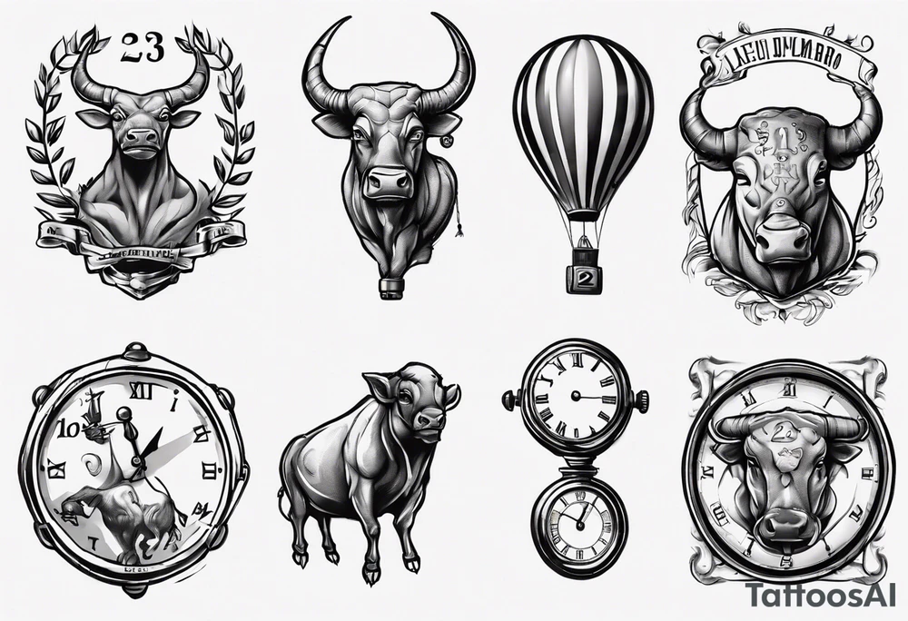 Une horloge avec le numéro 23 dedans , avec un taureau et un ballon de foot tattoo idea