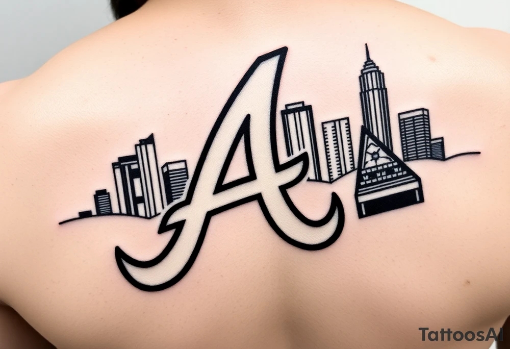 Atlanta Braves letter logo “A” overlapping the Atlanta skyline in the back on the left. The buildings as concise and jam packed parallel the the logo. tattoo idea