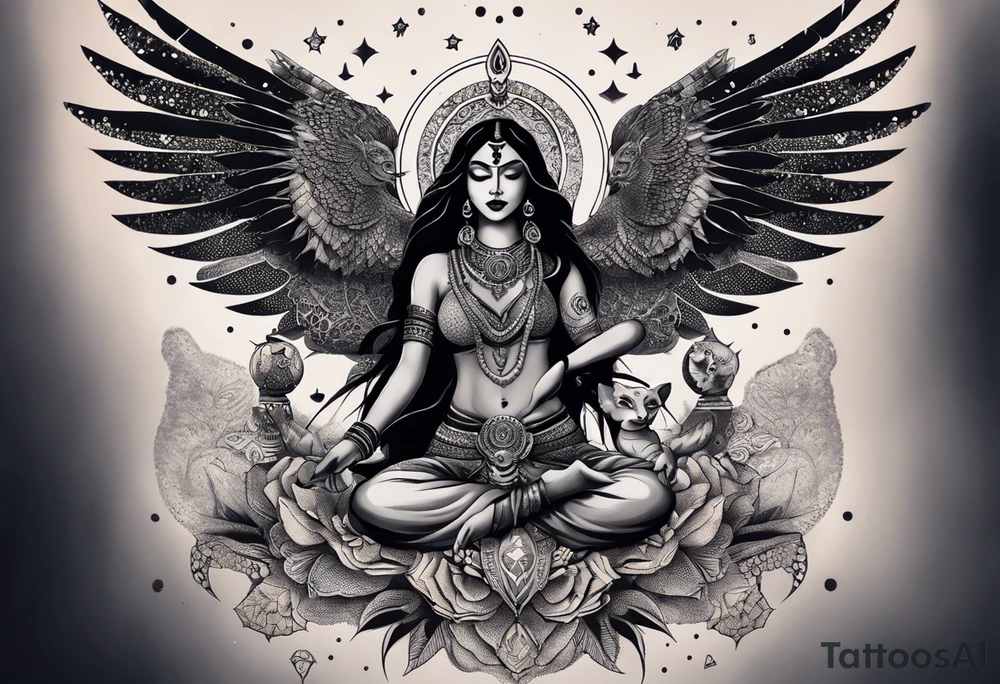 black kali, goddess pirate, alien, angel, pachamama, valkrye, warrior, flying, skull, lotus azul, wing, eagle, zenza resonance, stars, 5D, anahata chakra, death, durga, riding on a tiger, flying lady, kundalini, chest tatoo, samuri, rebel,serpent tattoo idea