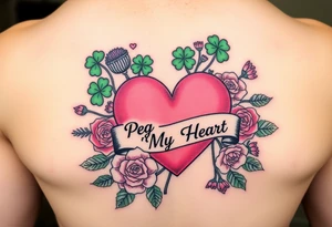 Bunch of Green shamrocks & a few purple thistles and a few red & yellow roses with a big Pink heart and a banner across the heart that says " Peg 'o My Heart" tattoo idea