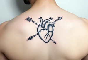 anatomical heart pierced by ornate arrow with flowing ribbons tattoo idea