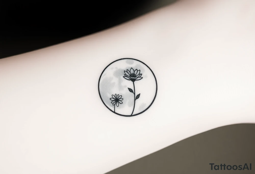 Small black and white tattoo full moon with small chrysanthemum and tiny scorpio gliph inside moon tattoo idea