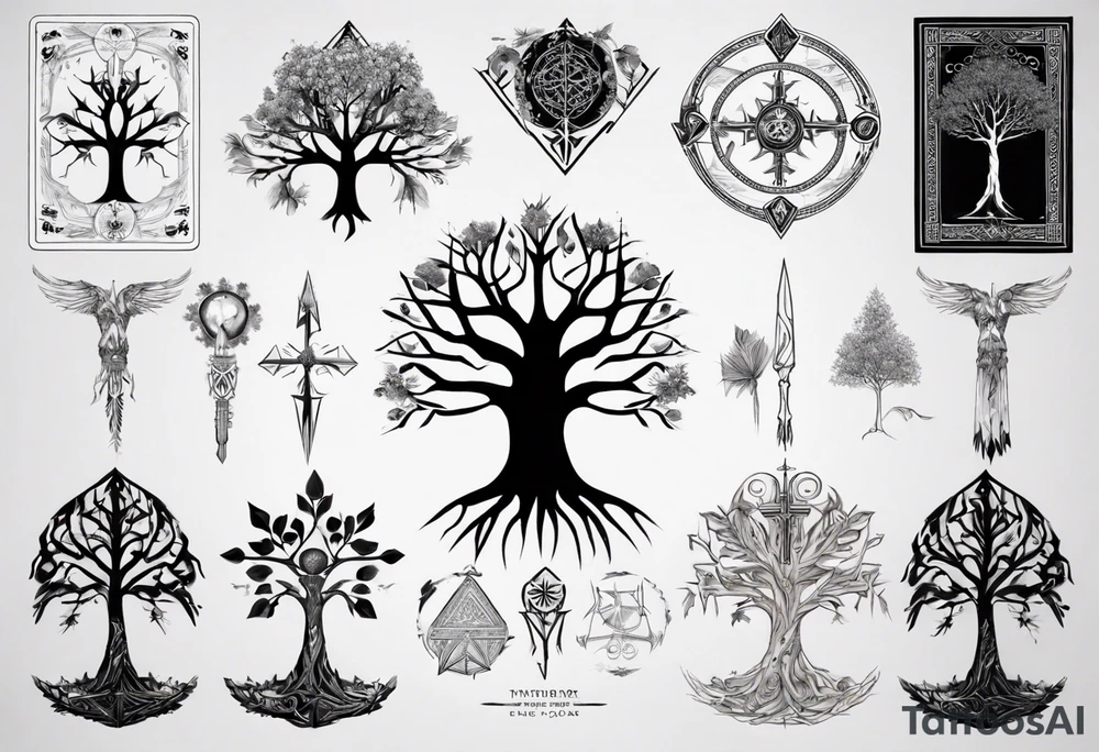 White Tree of Gondor, Geometric symbols, Nordic cross, playing cards, flowers, lord of the rings, Native American headdress, tattoo idea