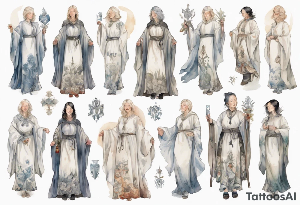 platinum Nordic woman in her 40s wearing white medieval robe tattoo idea